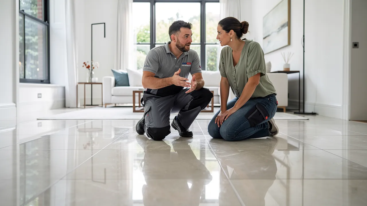 Specialist assessing a ceramic tile floor before cleaning