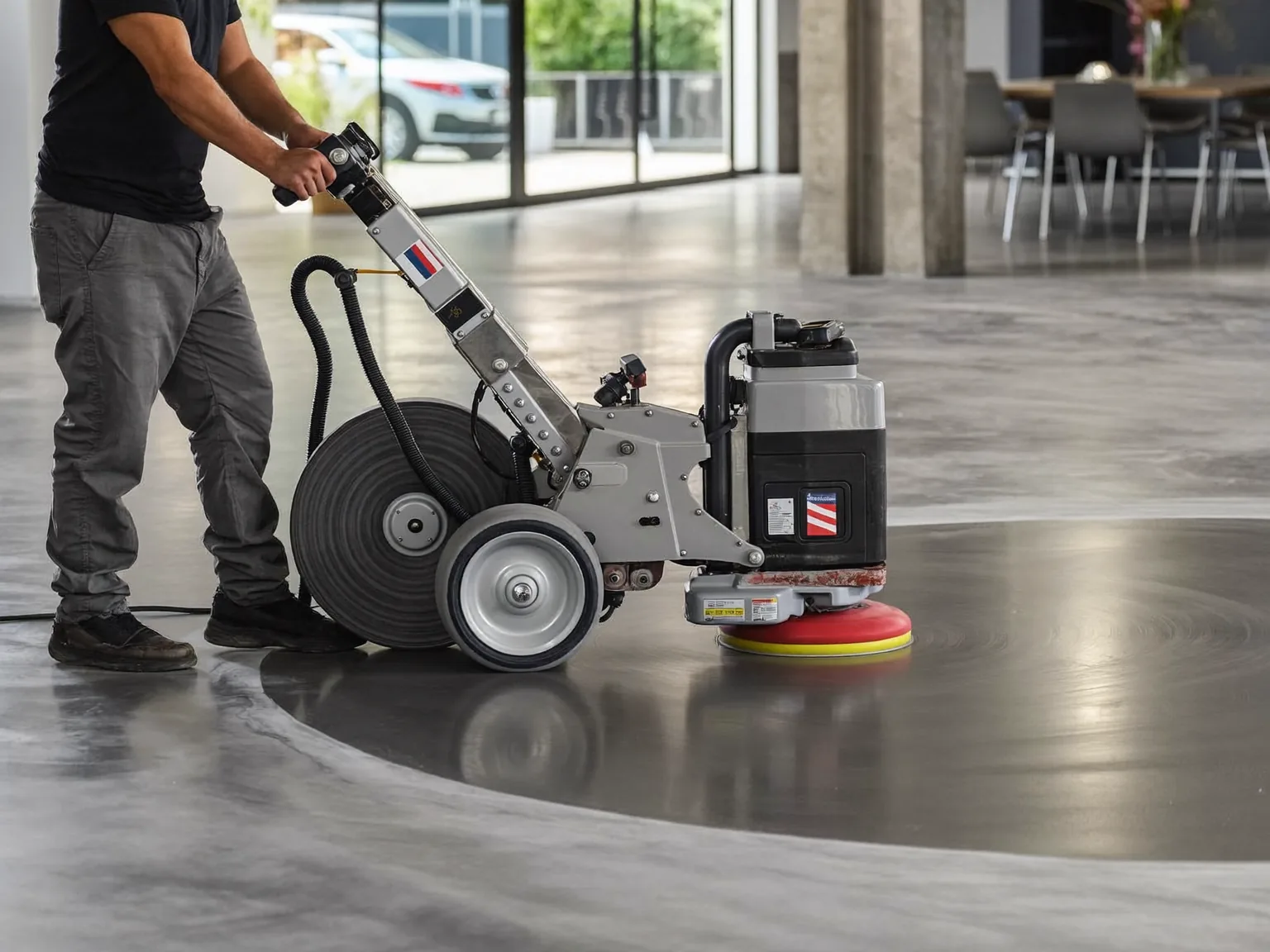Concrete floor polishing specialist using a diamond grinding machine in London
