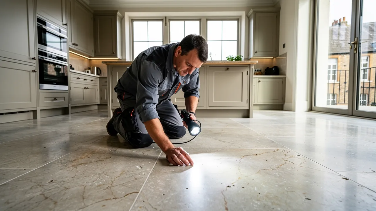 Specialist inspecting a limestone floor before treatment in London