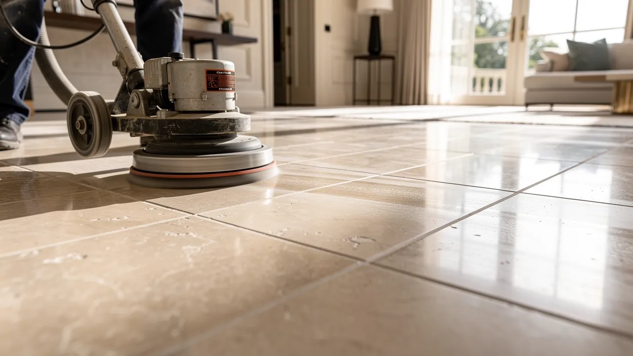 Professional limestone floor polishing using diamond abrasives in London