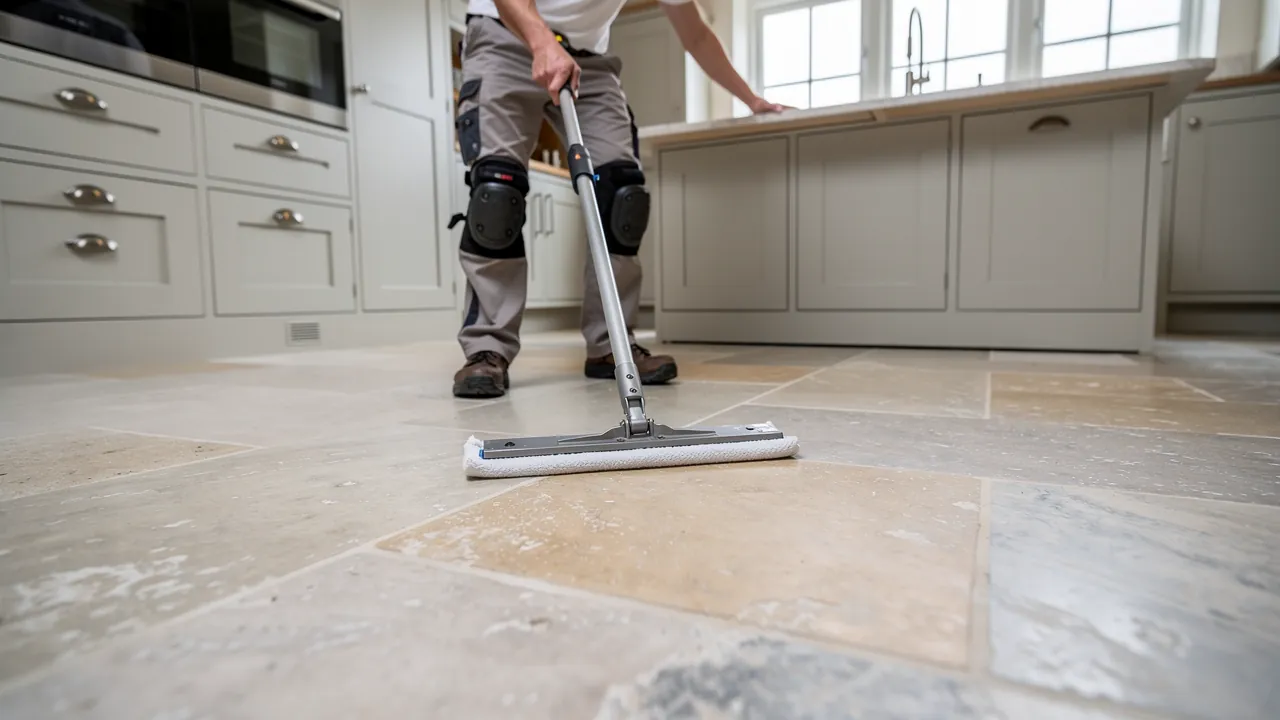 Applying impregnating sealer to a limestone floor in London