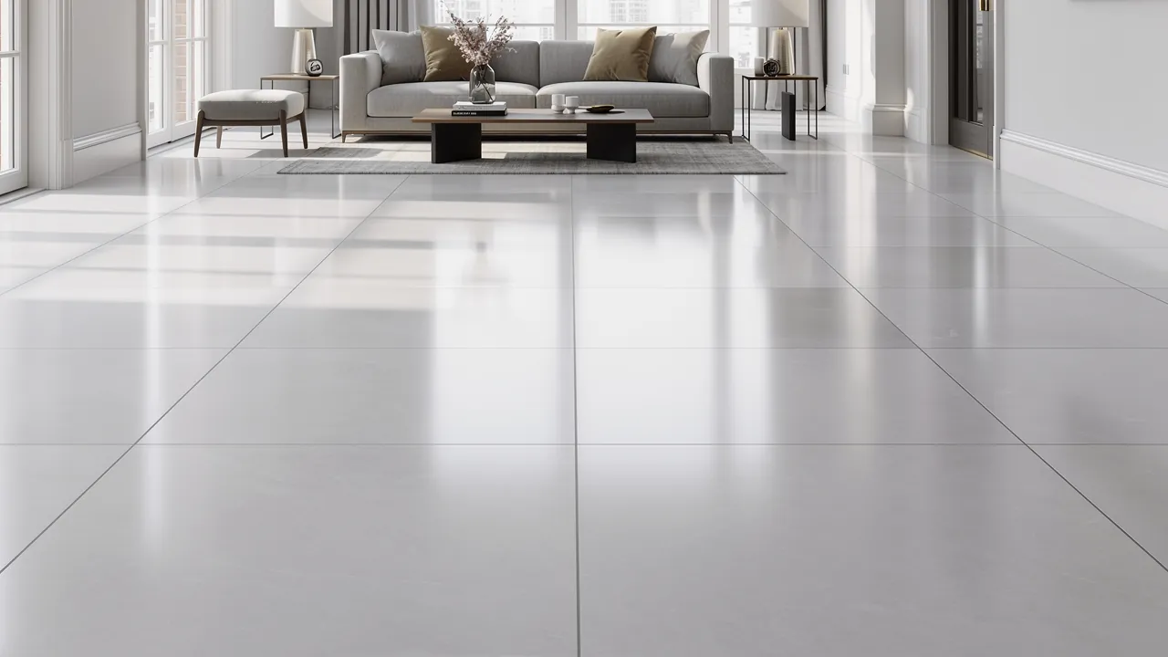 Porcelain tile floor after professional cleaning and polishing