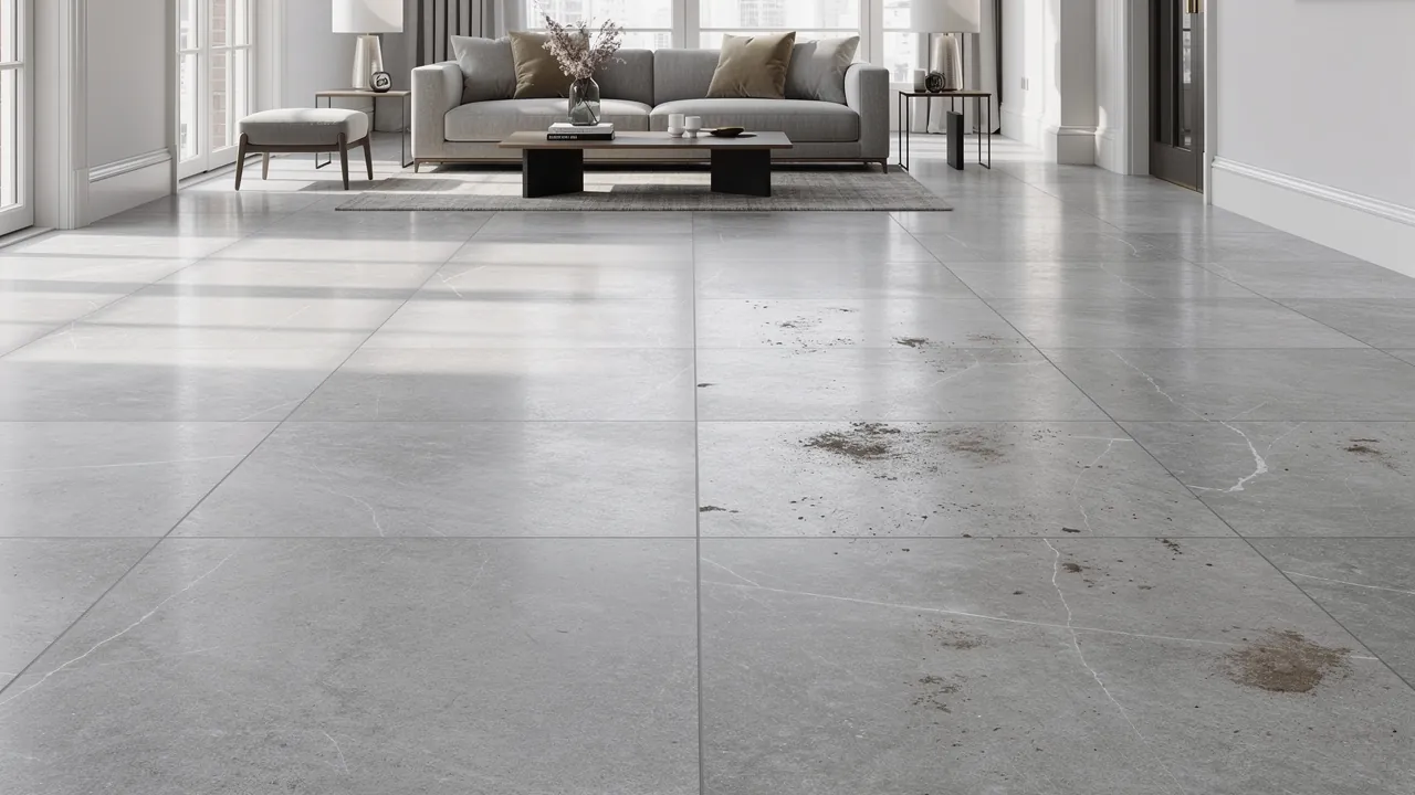Porcelain tile floor before professional cleaning