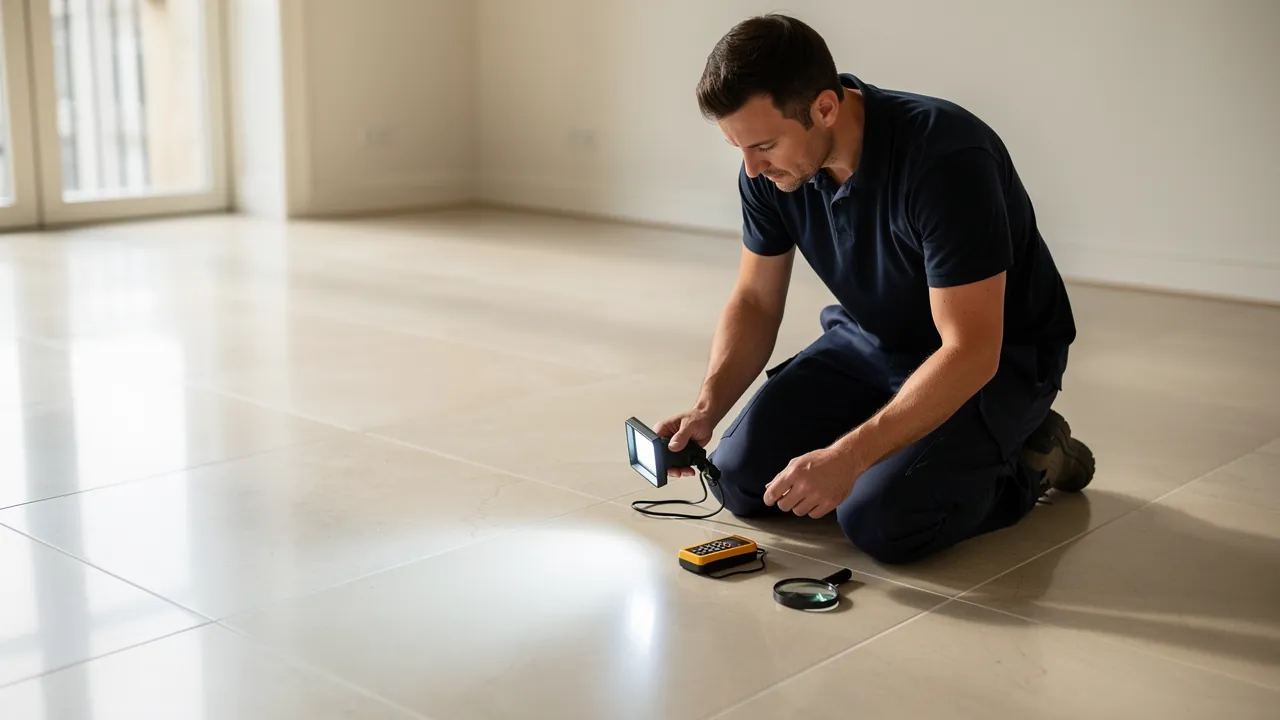 Porcelain tile specialist inspecting a floor in London
