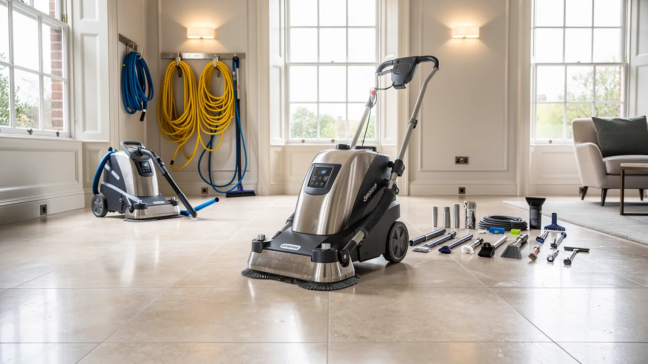 Professional ceramic floor cleaning equipment in use