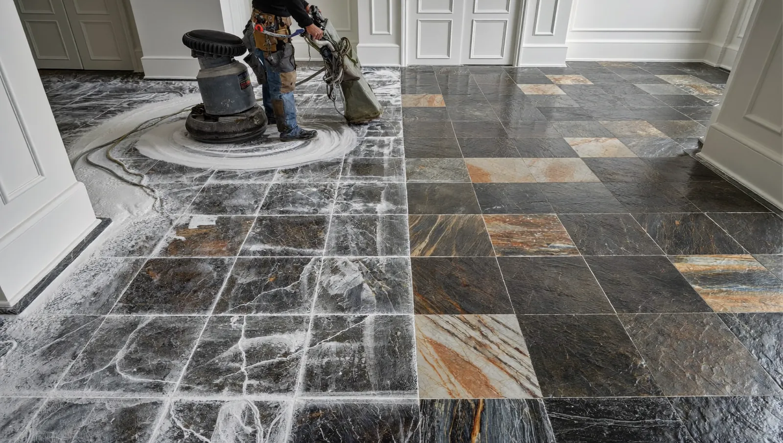 Old wax and failed coating removal from a slate floor in London