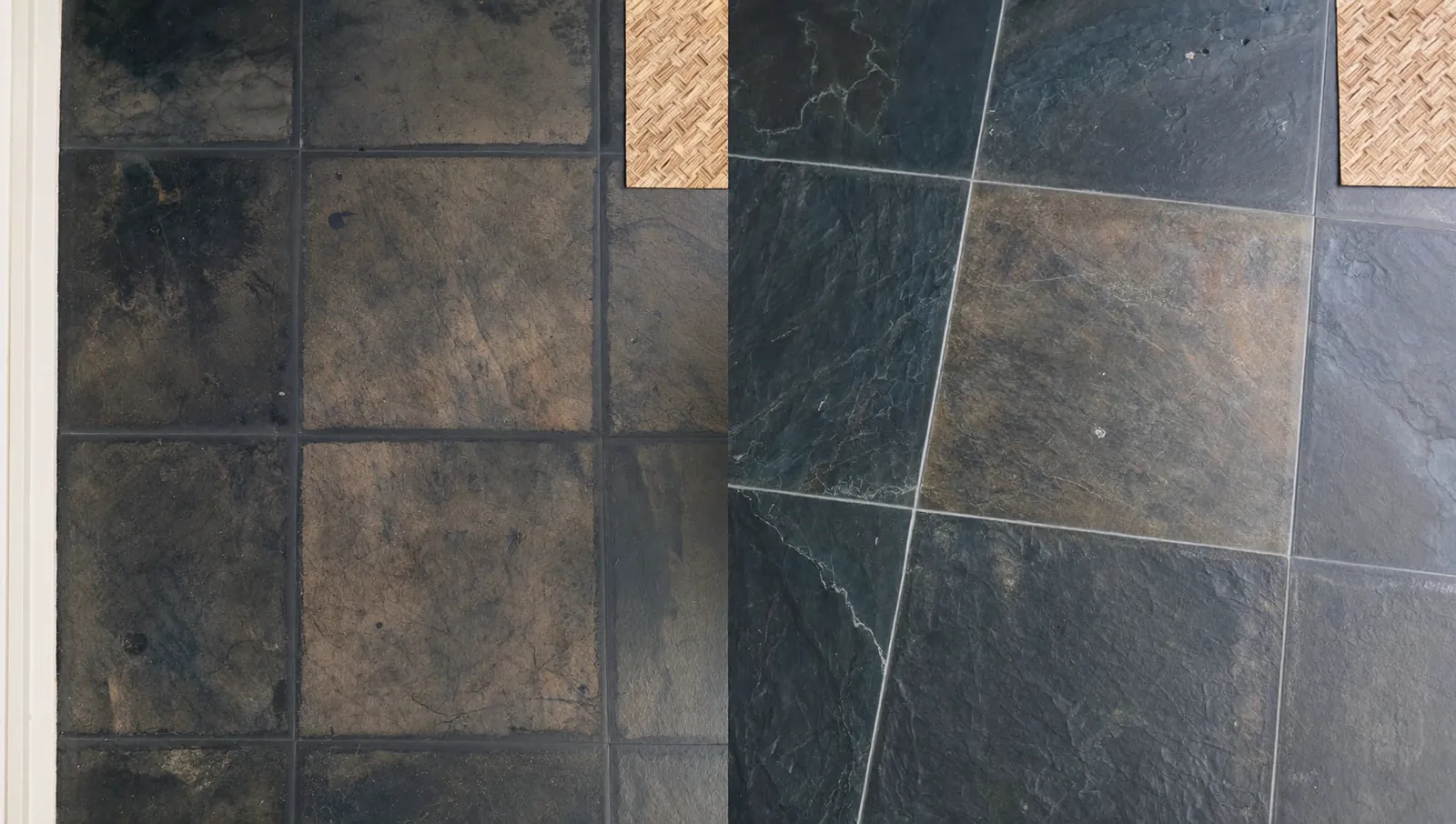 Slate floor before and after professional cleaning and restoration in London