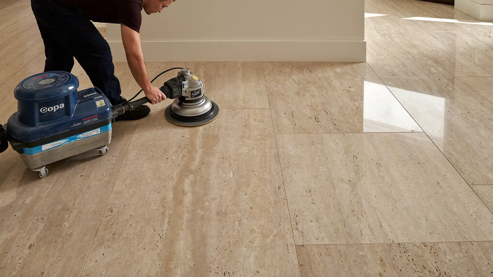Professional travertine floor polishing using diamond abrasives in London