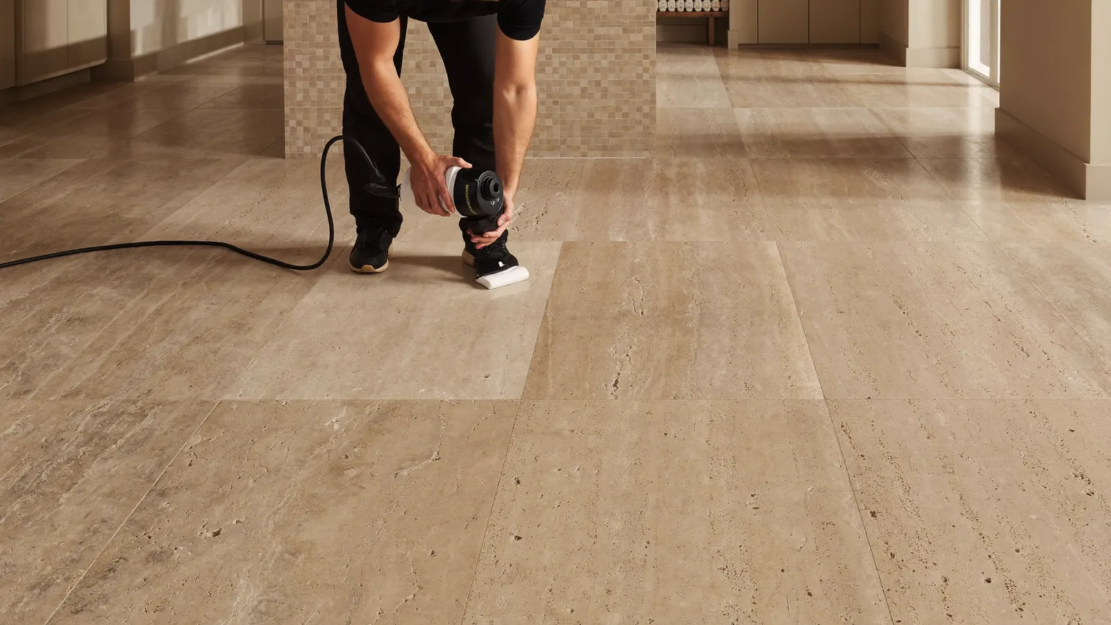 Applying impregnating sealer to a travertine floor in London