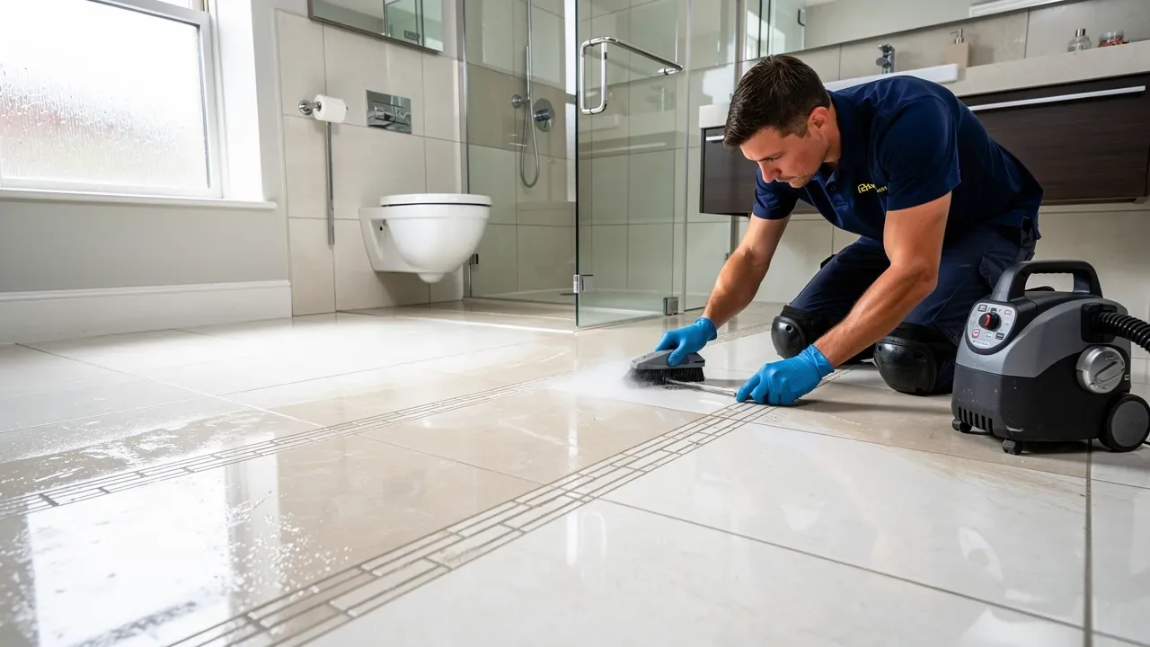 Ceramic bathroom floor and grout cleaning