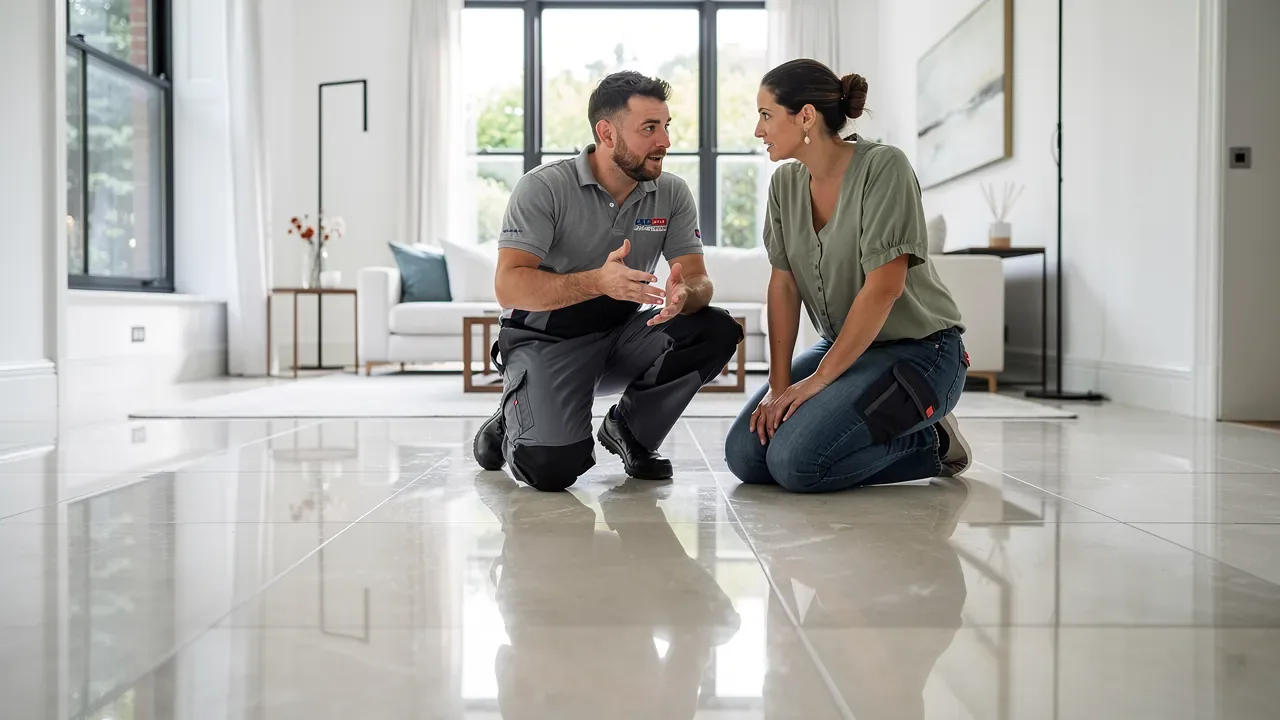 Specialist assessing a ceramic tile floor before cleaning
