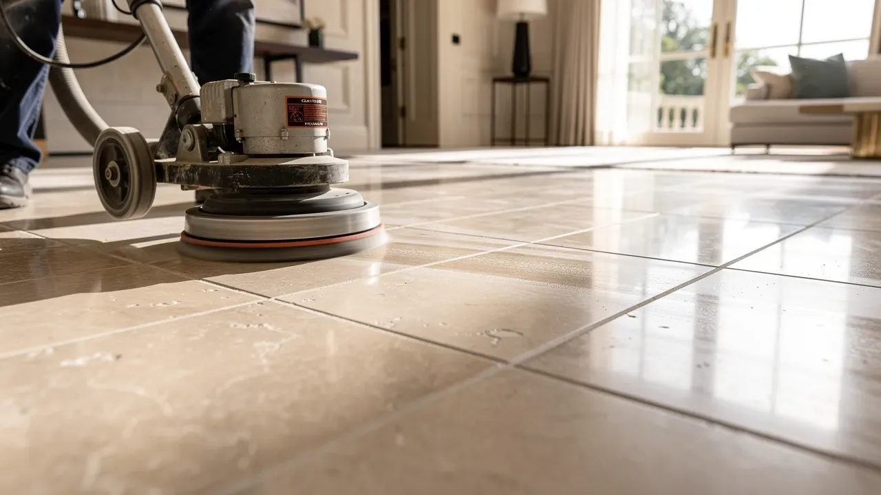 Professional limestone floor polishing using diamond abrasives in London