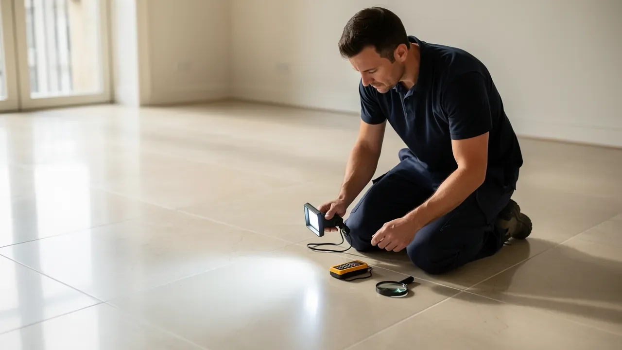 Porcelain tile specialist inspecting a floor in London