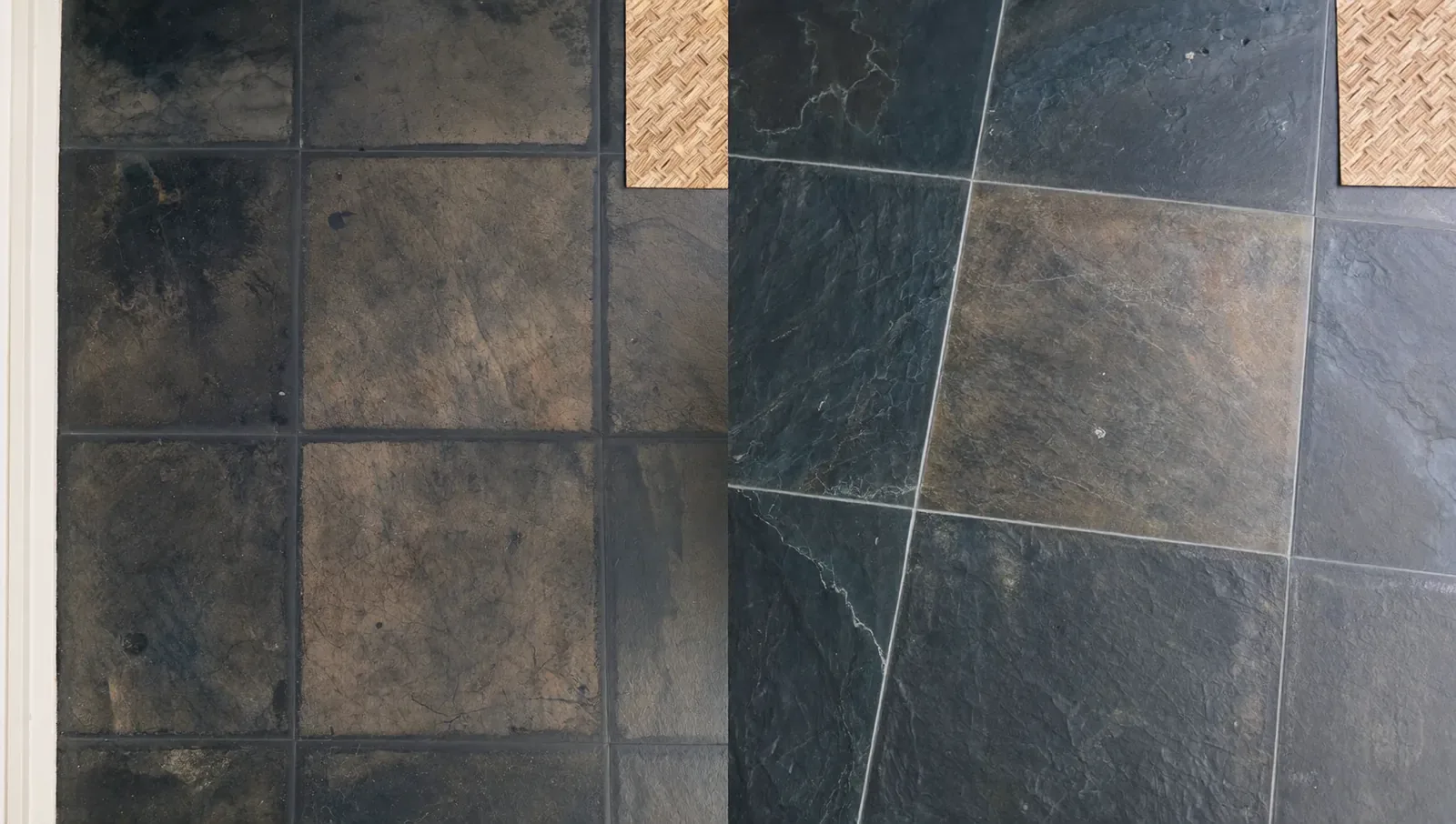 Slate floor before and after professional cleaning and restoration in London