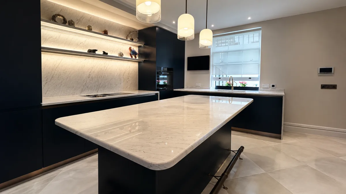 White marble worktop cleaning in a modern London kitchen
