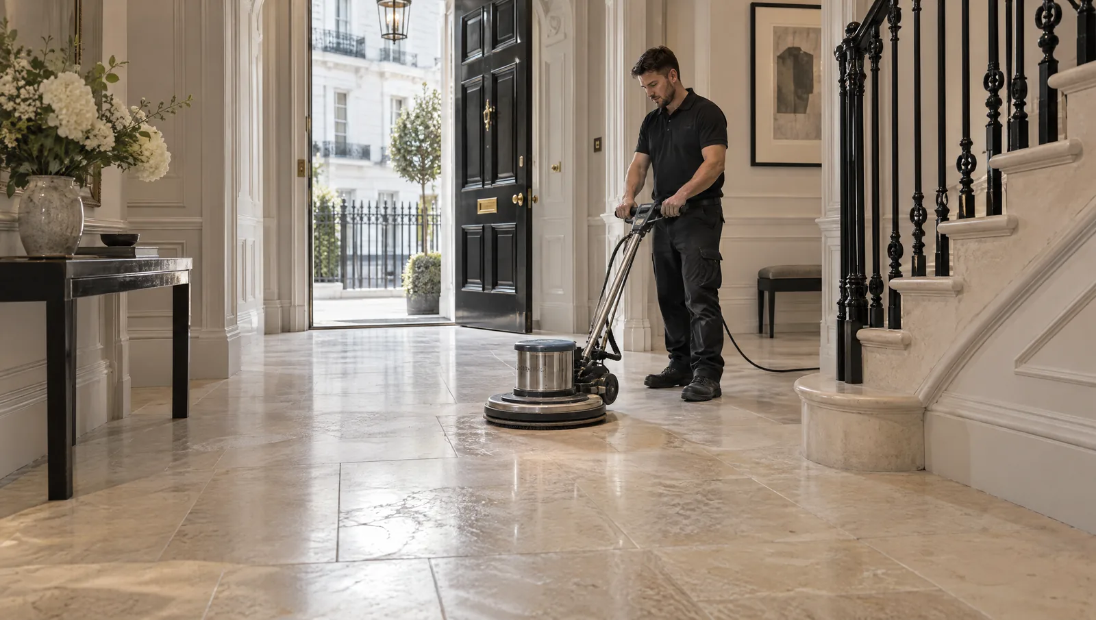 Illustrative limestone floor cleaning and honing scene in a Belgravia-style London townhouse