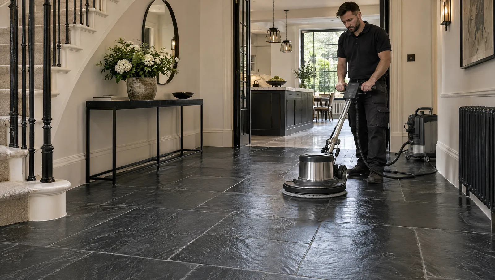 Illustrative slate floor cleaning and restoration scene in a Belgravia-style London residence