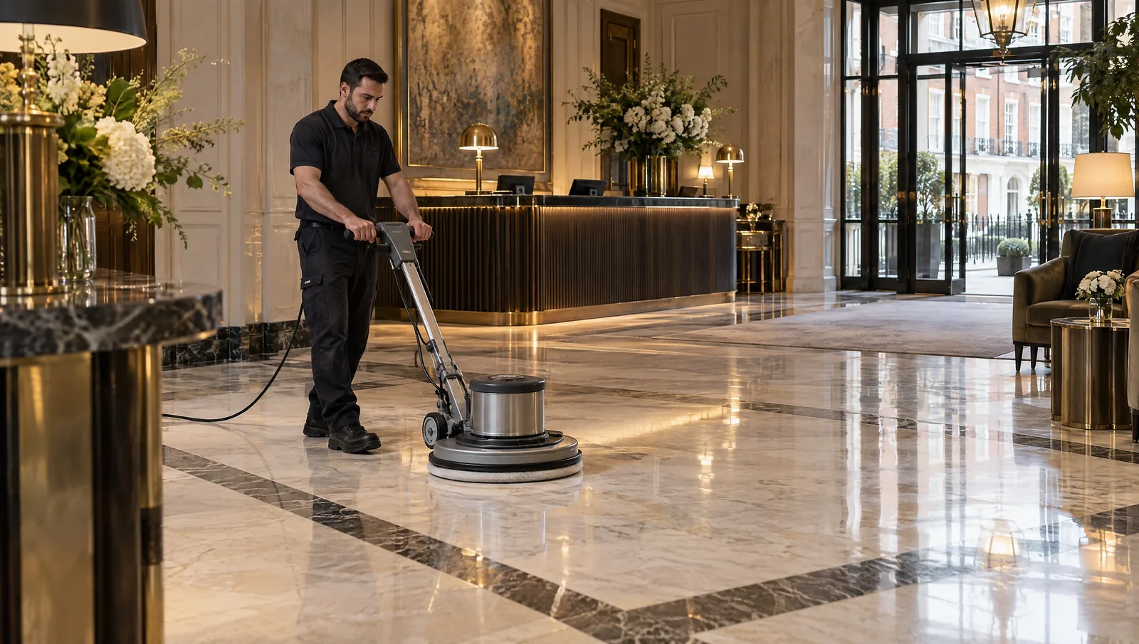 Illustrative commercial marble floor polishing scene in a Chelsea-style hospitality interior