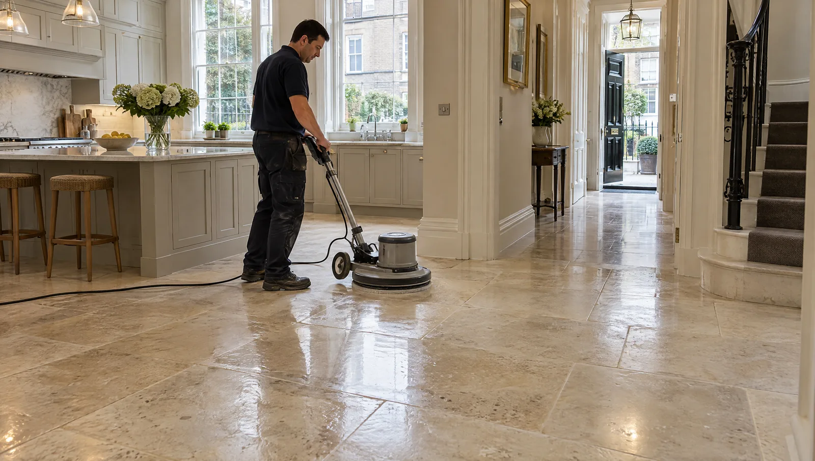 Illustrative limestone floor restoration scene in a Chelsea-style home