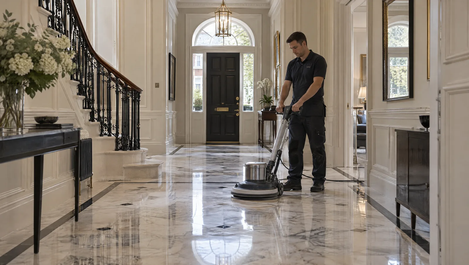 Illustrative marble floor polishing scene in a Chelsea-style London townhouse