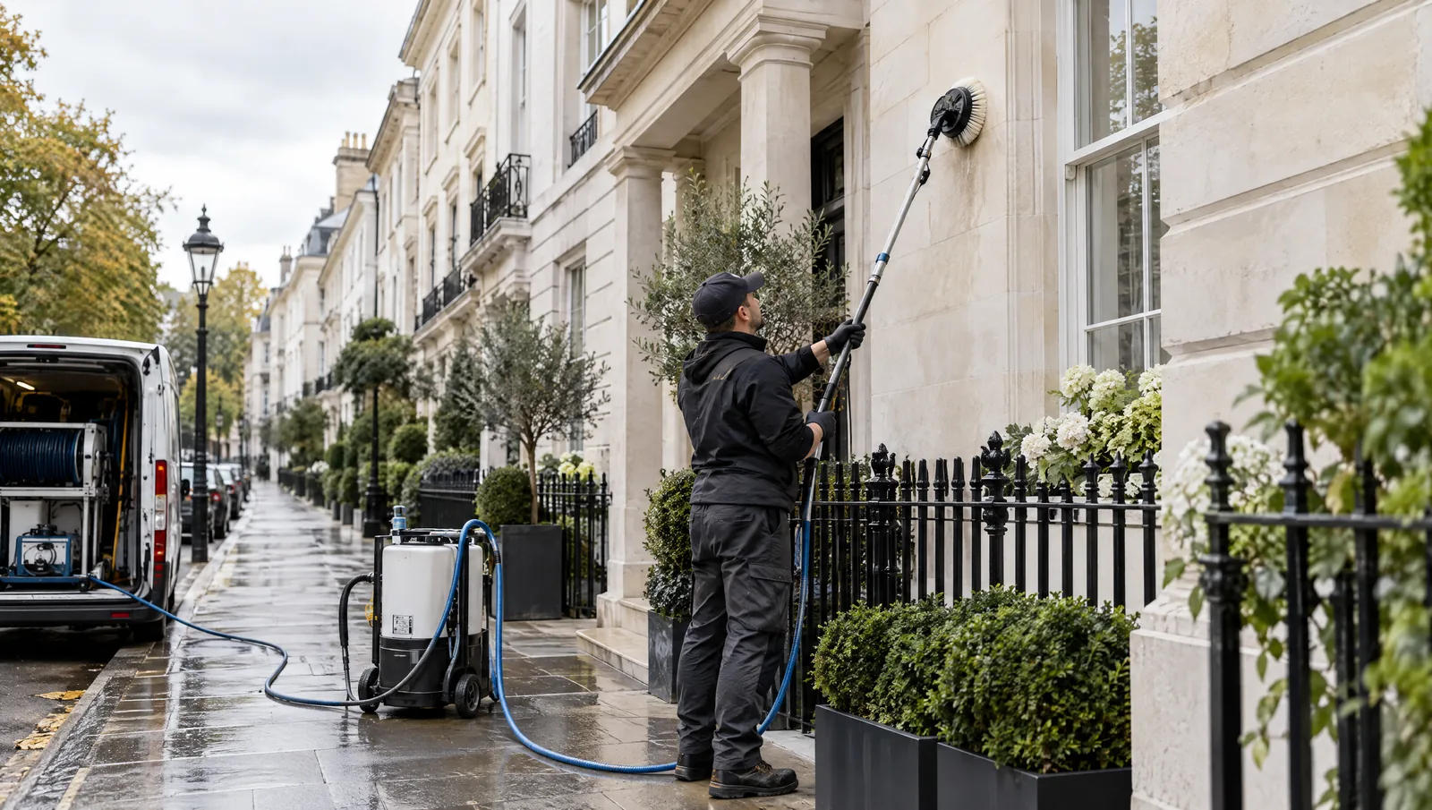 Illustrative stone facade cleaning scene on a Chelsea-style London townhouse