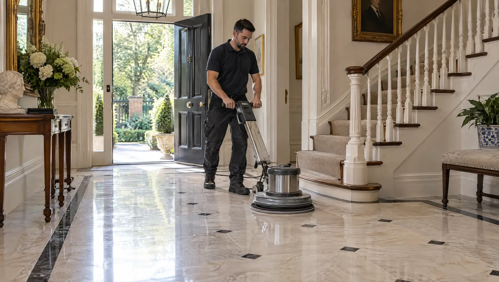 Illustrative marble and limestone floor polishing scene in a Hampstead-style London period home