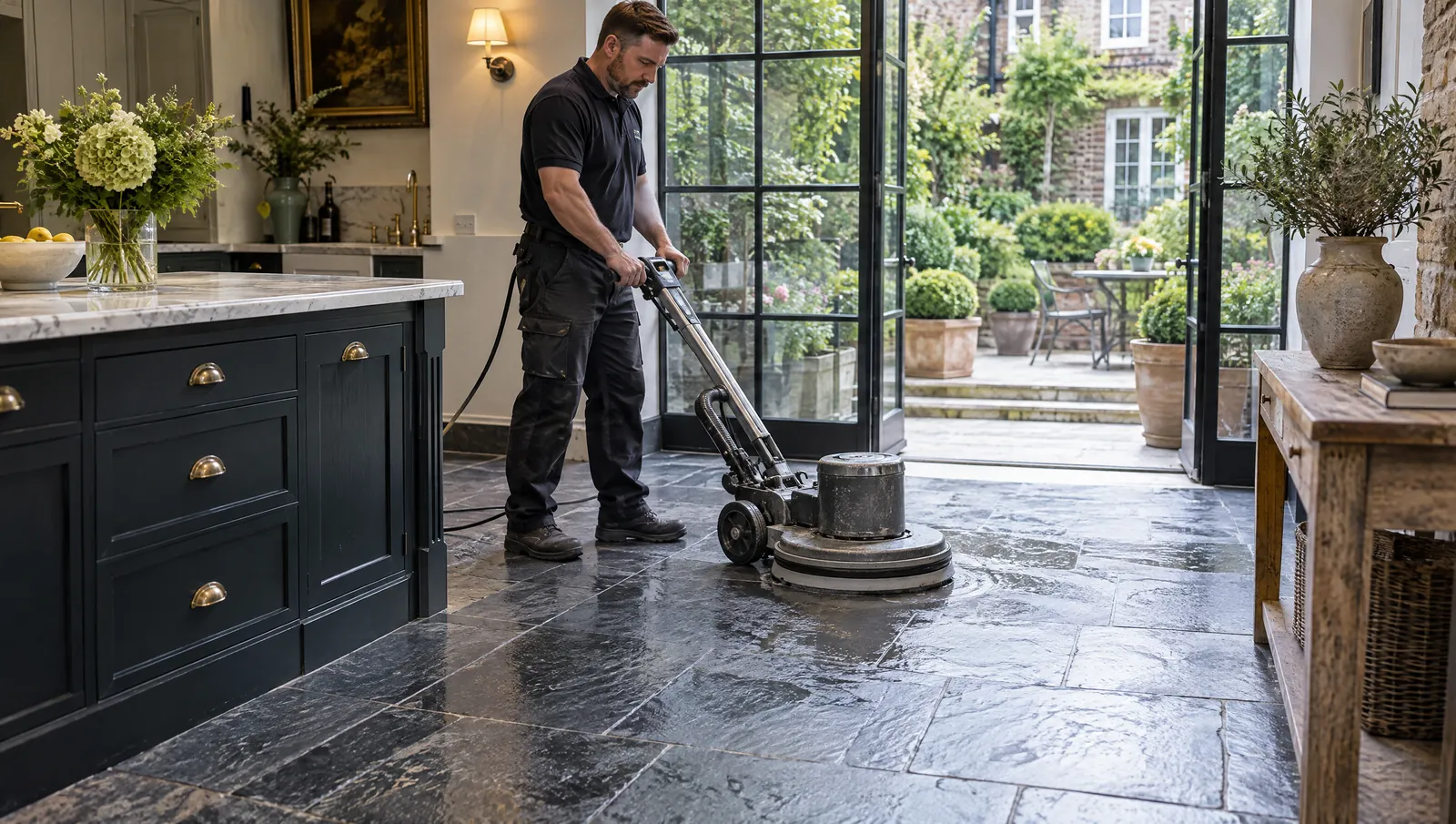 Illustrative natural stone and slate floor restoration scene in a Hampstead-style London home