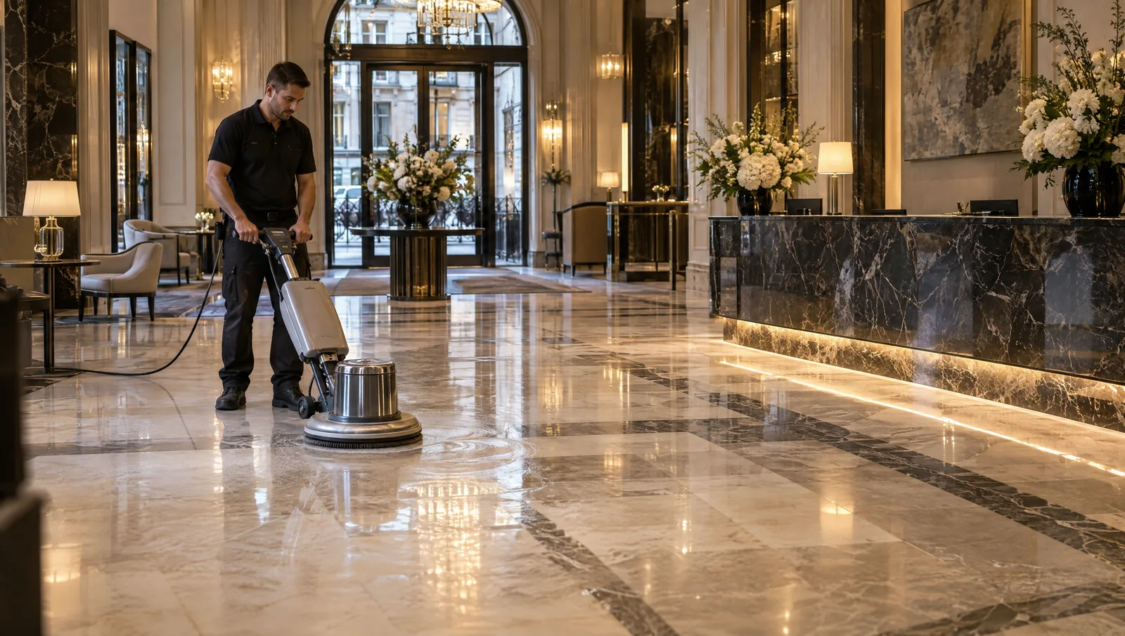 Illustrative commercial marble and stone floor cleaning scene in a Mayfair-style luxury interior