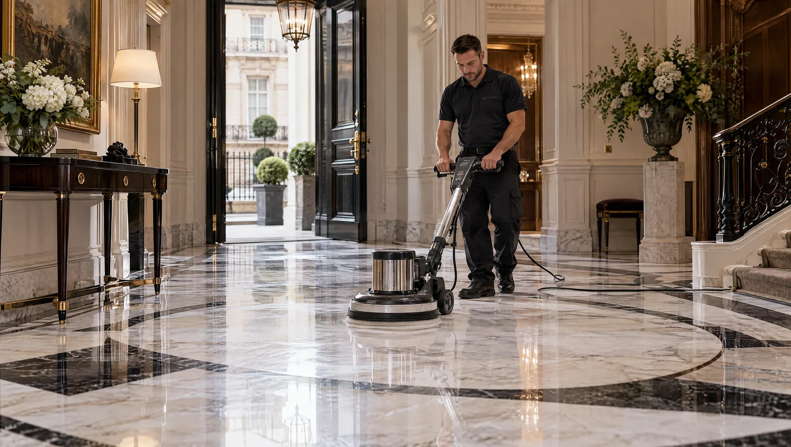 Illustrative marble floor polishing scene in a Mayfair-style London interior