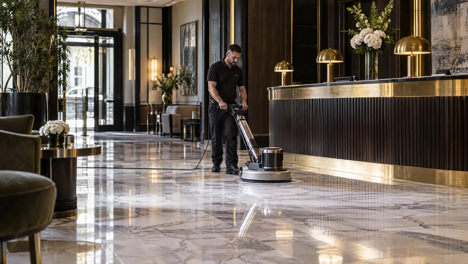 Illustrative commercial marble cleaning and polishing scene in a Soho-style London hospitality interior