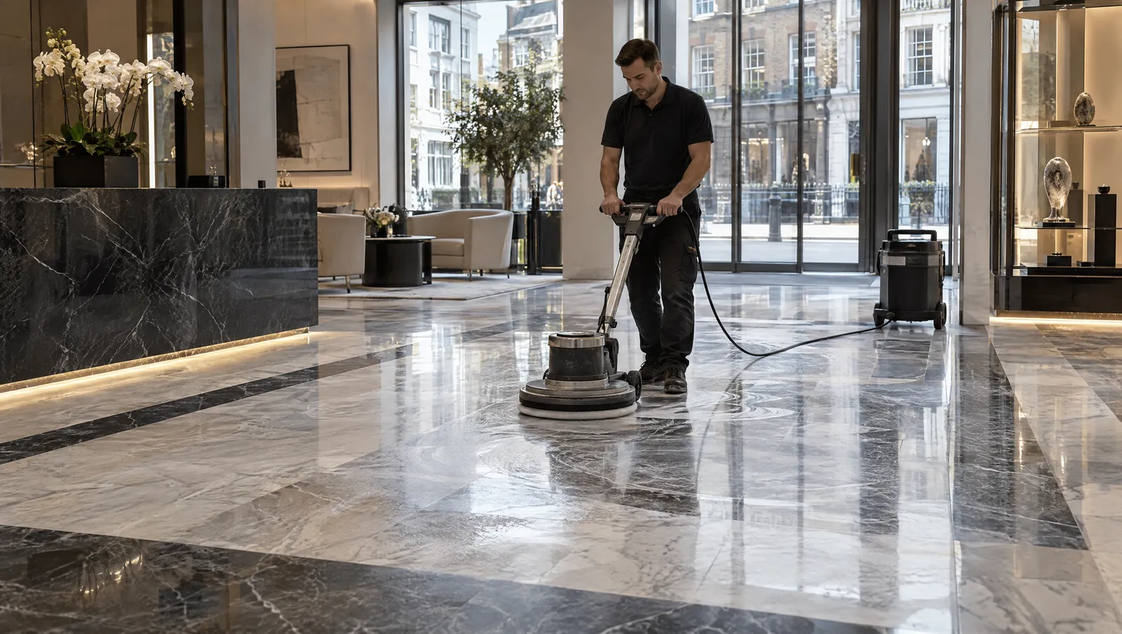 Illustrative marble floor honing and polishing scene in a Soho-style London retail or office interior