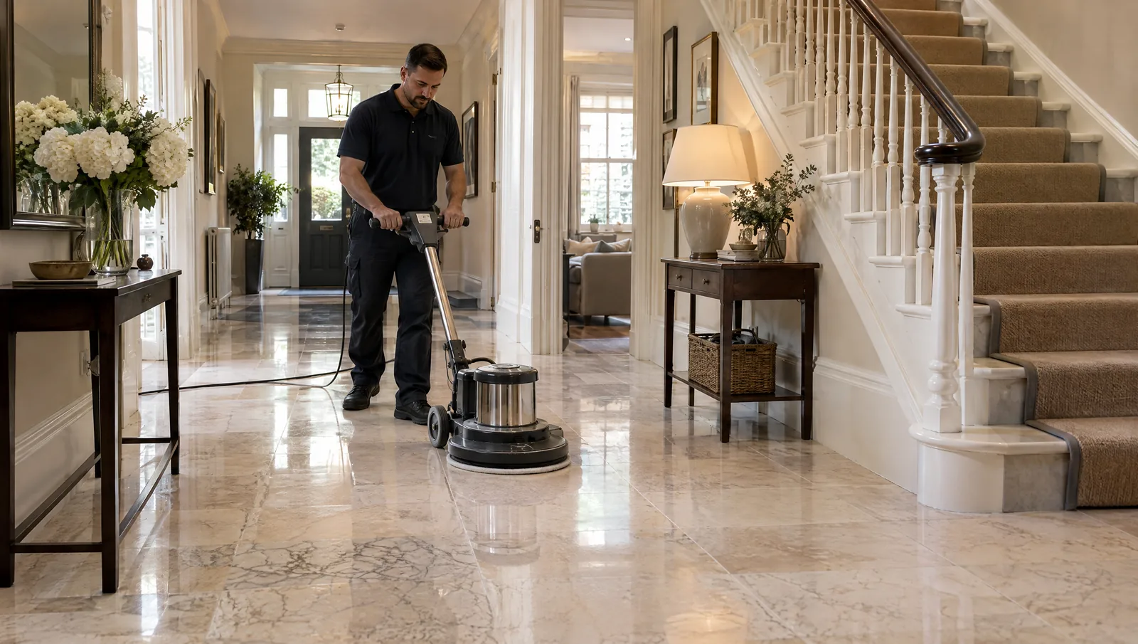 Illustrative marble floor cleaning and polishing scene in a Wandsworth-style London home