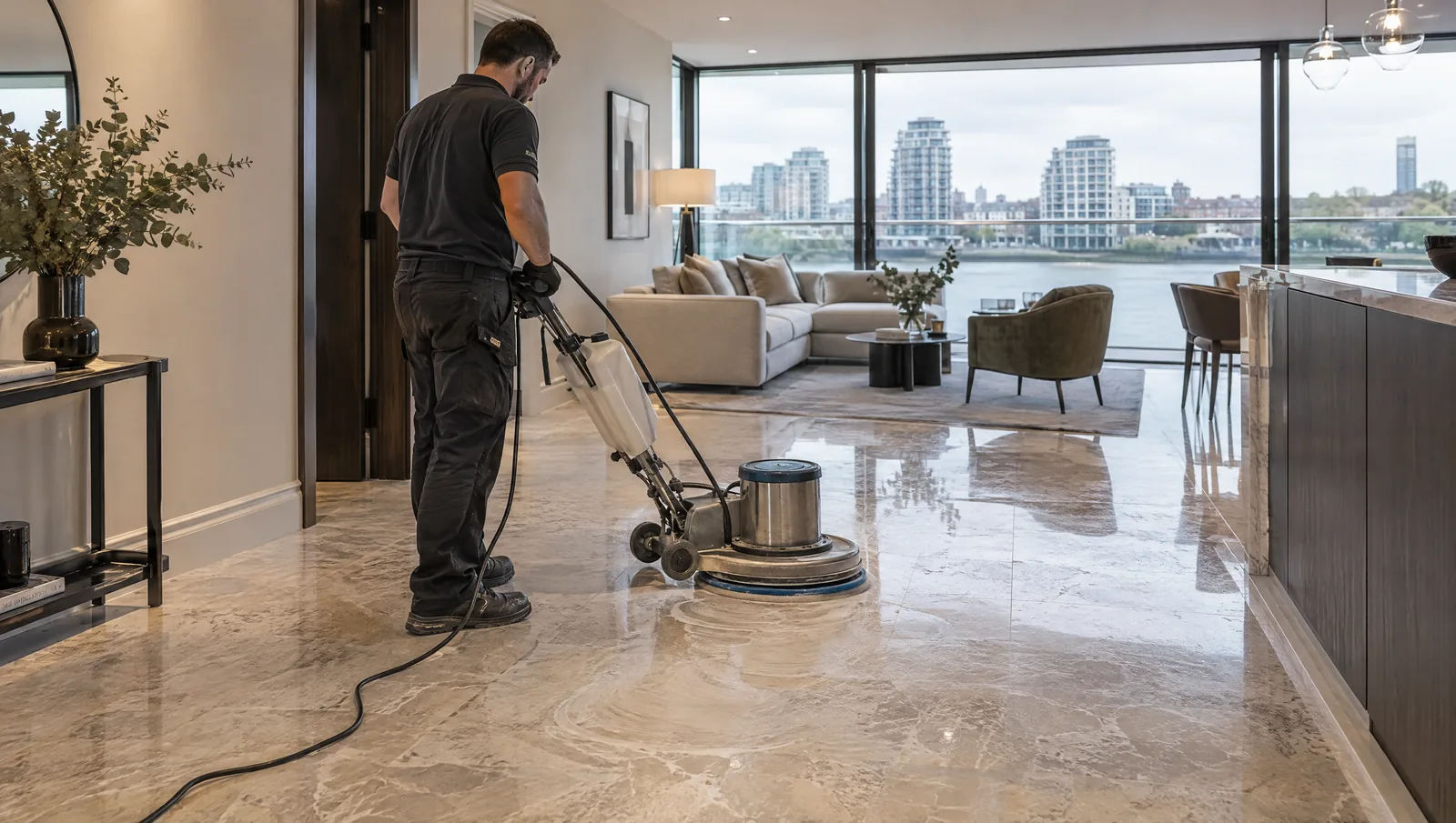 Illustrative natural stone floor restoration scene in a Wandsworth-style London apartment