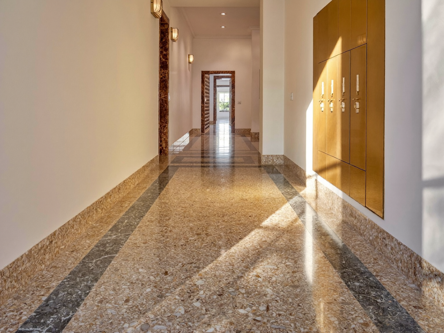 Original terrazzo floor in a London mansion block entrance hall