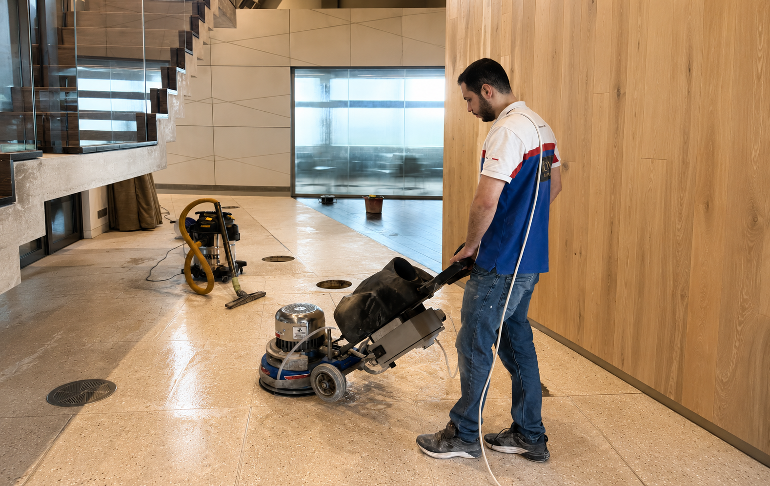 Cleaning The Polished Lobby Floor - FloorCare London