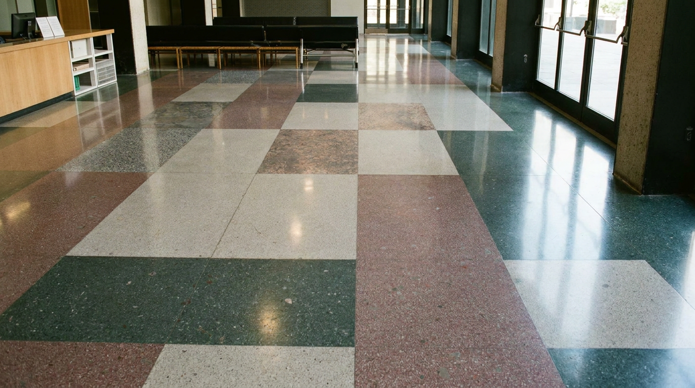 Commercial terrazzo floor after specialist polishing and multi-coat sealing — fully restored and ready for high-traffic use