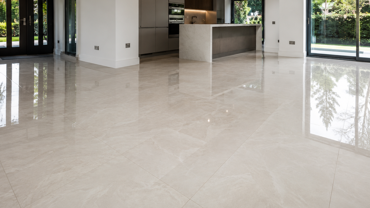 Modern interior with reflective floors and greenery