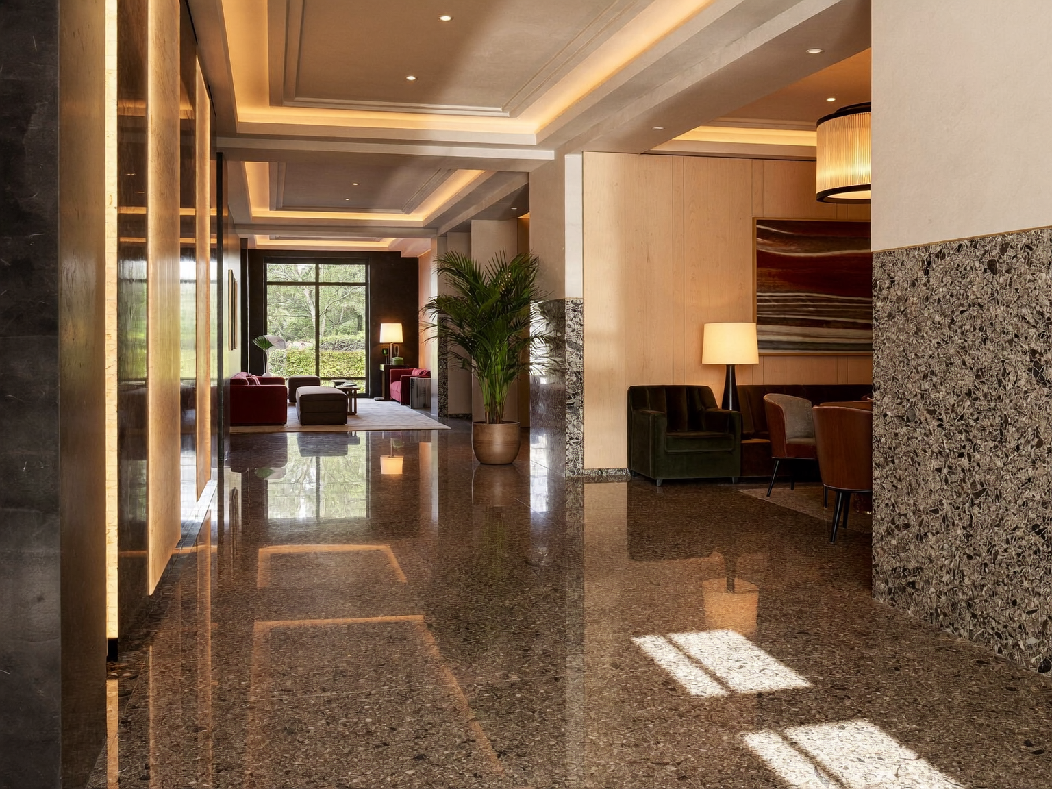 Polished terrazzo flooring in an upscale London hotel lobby