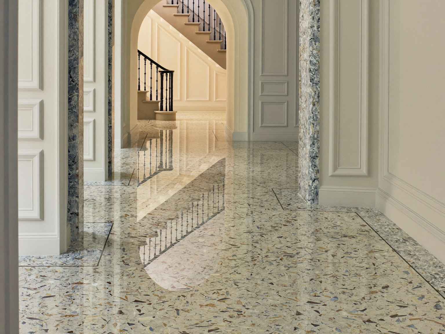 Restored terrazzo floor with high-gloss finish in an elegant London period home hallway