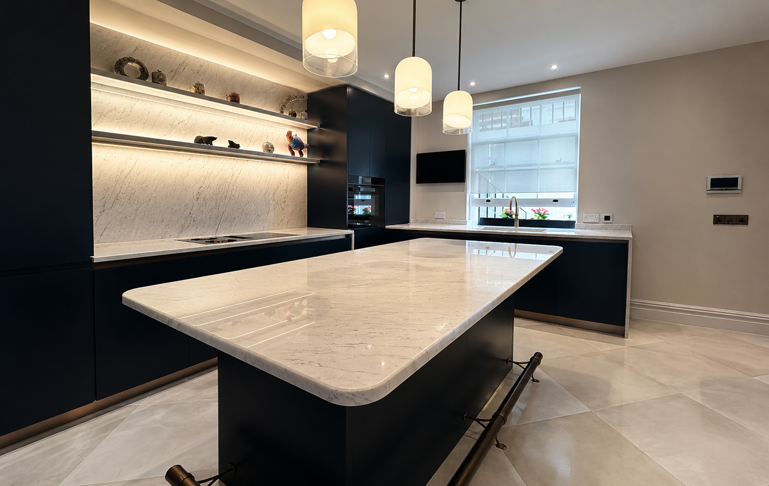White Marble Worktop Cleaning Modern Kitchen - FloorCare London